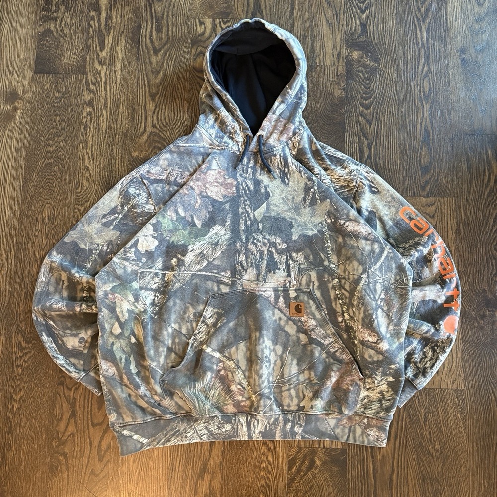 Carhartt Camo Hoodie Mens 2XL Loose Fit Mossy Oak Orange Sleeve Sweatshirt